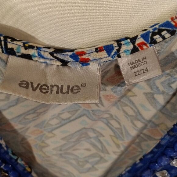 Vintage Sleeveless Blue Printed Rhinestone Beaded V Neck Shark Bite Boho Top 2X - Picture 5 of 5